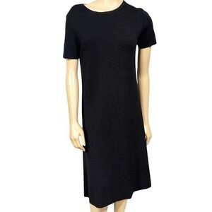 Eileen Fisher Short Sleeve Crew Neck Knit Shift Dress Black Knee Length | Small